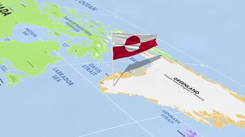 Greenland Flag Waving in Wind, World Map Rotating around Flag, Seamless Loop, 3D Rendering video