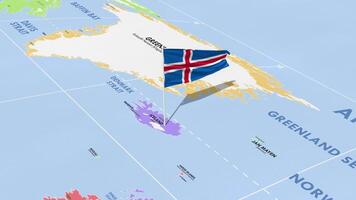 Islanda bandiera agitando nel vento, mondo carta geografica rotante in giro bandiera, senza soluzione di continuità ciclo continuo, 3d interpretazione video
