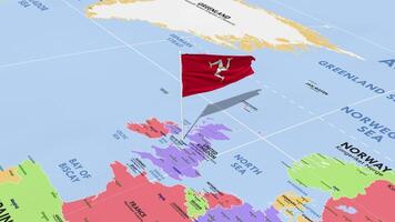 ilha do homem bandeira acenando dentro vento, mundo mapa rotativo por aí bandeira, desatado laço, 3d Renderização video