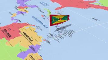 Grenada Flag Waving in Wind, World Map Rotating around Flag, Seamless Loop, 3D Rendering video