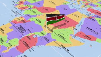 Kenya drapeau agitant dans vent, monde carte tournant autour drapeau, sans couture boucle, 3d le rendu video