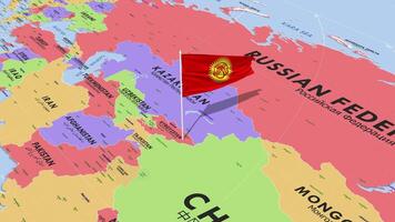 Kyrgyzstan Flag Waving in Wind, World Map Rotating around Flag, Seamless Loop, 3D Rendering video