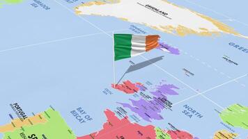 Ireland Flag Waving in Wind, World Map Rotating around Flag, Seamless Loop, 3D Rendering video