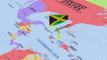 Jamaica bandera ondulación en viento, mundo mapa giratorio alrededor bandera, sin costura bucle, 3d representación video