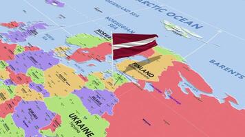 Latvia Flag Waving in Wind, World Map Rotating around Flag, Seamless Loop, 3D Rendering video