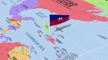 Haiti bandeira acenando dentro vento, mundo mapa rotativo por aí bandeira, desatado laço, 3d Renderização video