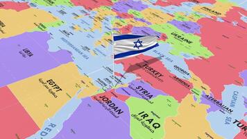 Israël drapeau agitant dans vent, monde carte tournant autour drapeau, sans couture boucle, 3d le rendu video