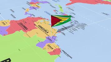 Guyana vlag golvend in wind, wereld kaart roterend in de omgeving van vlag, naadloos lus, 3d renderen video