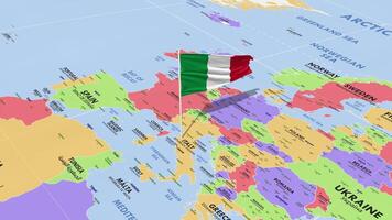 Italy Flag Waving in Wind, World Map Rotating around Flag, Seamless Loop, 3D Rendering video