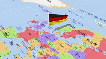 Duitsland vlag golvend in wind, wereld kaart roterend in de omgeving van vlag, naadloos lus, 3d renderen video