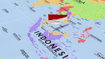 Indonesia bandera ondulación en viento, mundo mapa giratorio alrededor bandera, sin costura bucle, 3d representación video