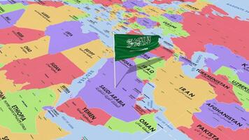 KSA, Kingdom of Saudi Arabia Flag Waving in Wind, World Map Rotating around Flag, Seamless Loop, 3D Rendering video