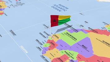 Guinée Bissau drapeau agitant dans vent, monde carte tournant autour drapeau, sans couture boucle, 3d le rendu video