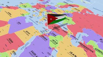 Jordan Flag Waving in Wind, World Map Rotating around Flag, Seamless Loop, 3D Rendering video