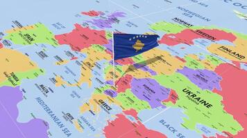 Kosovo Flag Waving in Wind, World Map Rotating around Flag, Seamless Loop, 3D Rendering video