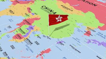 Hong Kong Flag Waving in Wind, World Map Rotating around Flag, Seamless Loop, 3D Rendering video