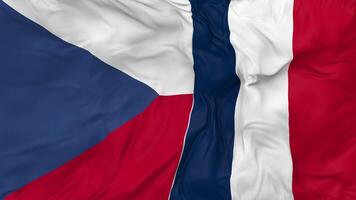 Frankrike och tjeck republik flaggor tillsammans sömlös looping bakgrund, looped stöta textur trasa vinka långsam rörelse, 3d tolkning video