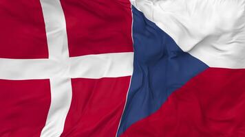 Dinamarca y checo república banderas juntos sin costura bucle fondo, serpenteado bache textura paño ondulación lento movimiento, 3d representación video