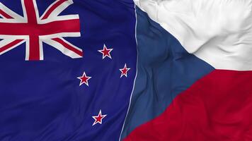 Neu Neuseeland und Tschechisch Republik Flaggen zusammen nahtlos Schleifen Hintergrund, geloopt stoßen Textur Stoff winken schleppend Bewegung, 3d Rendern video