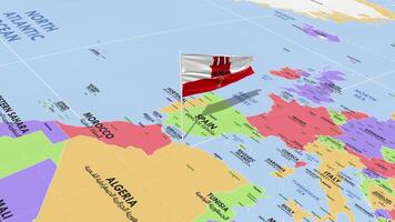 Gibilterra bandiera agitando nel vento, mondo carta geografica rotante in giro bandiera, senza soluzione di continuità ciclo continuo, 3d interpretazione video