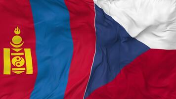 Mongolië en Tsjechisch republiek vlaggen samen naadloos looping achtergrond, lusvormige buil structuur kleding golvend langzaam beweging, 3d renderen video