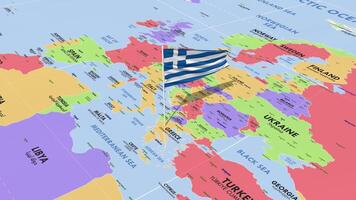 Greece Flag Waving in Wind, World Map Rotating around Flag, Seamless Loop, 3D Rendering video