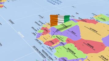 Ivory Coast Flag Waving in Wind, World Map Rotating around Flag, Seamless Loop, 3D Rendering video