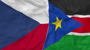 Sud Sudan e ceco repubblica bandiere insieme senza soluzione di continuità looping sfondo, loop urto struttura stoffa agitando lento movimento, 3d interpretazione video