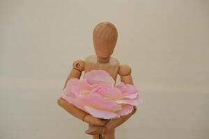 Wooden mannequin holding a pink rose on white background. photo