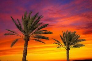 Palm and palm trees at an incredible and spectacular sunset photo