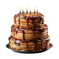 AI generated Birthday cake with chocolate glaze and burning candles isolated on transparent background png