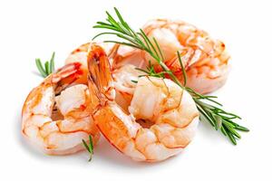 AI generated Fresh cooked shrimp with rosemary leaf, seafood isolated on white background. photo