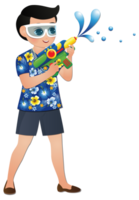 Happy cute cartoon wearing flower shirt smiled enjoy for Songkran festival in Thailand png