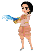 Happy cartoon traditional thai dress costume enjoy in Songkran festival Thailand png