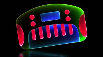 Glowing looping icon musical keyboard neon effect, black background. video