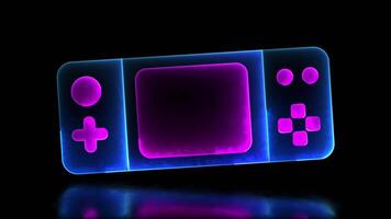 glühend Schleifen Symbol Video Spiel Freude Neon- Wirkung, schwarz Hintergrund.