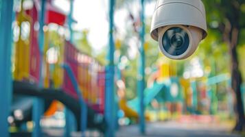 AI generated CCTV Closed circuit camera, TV monitoring at kindergarten school playground outdoor for kid children, security system concept. photo