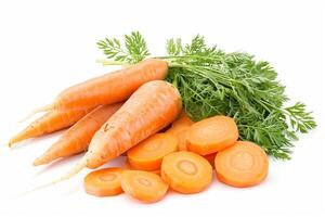 AI generated Fresh carrot and pieces with leaf vegetable on white background. photo