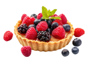 AI generated Sweet tartlet with raspberries and blueberries isolated on transparent background png