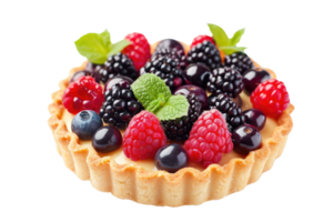 AI generated Sweet tartlet with raspberries and blueberries isolated on transparent background png