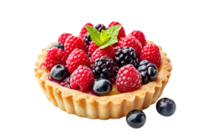 AI generated Sweet tartlet with raspberries and blueberries isolated on transparent background png