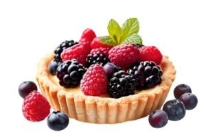 AI generated Sweet tartlet with raspberries and blueberries isolated on transparent background png