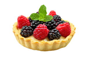 AI generated Sweet tartlet with raspberries and blueberries isolated on transparent background png