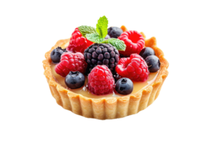 AI generated Sweet tartlet with raspberries and blueberries isolated on transparent background png