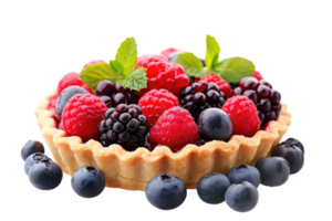 AI generated Sweet tartlet with raspberries and blueberries isolated on transparent background png