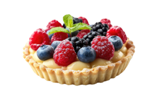 AI generated Sweet tartlet with raspberries and blueberries isolated on transparent background png