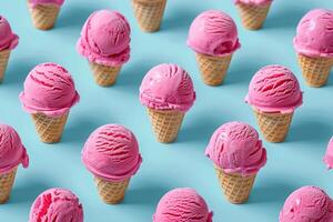 AI generated A Delightful Array of Strawberry Ice Cream Cones Under the Summer Sun. Generative AI photo