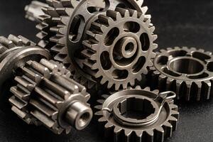 Gear and cogs wheels, clock mechanism, brass metal engine industrial. photo