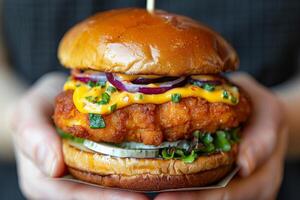 AI generated Gourmet Chicken Burger Cradled in Hands Amidst a Culinary Adventure. Generative AI photo