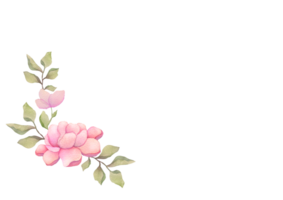 aguarela brincar com Rosa flores, empoeirado rosa, suave corar peônias, verde folhas. fundo Projeto com cópia de espaço. elegante verão disposição para Casamento convites, cumprimento cartão, Salve  a encontro png